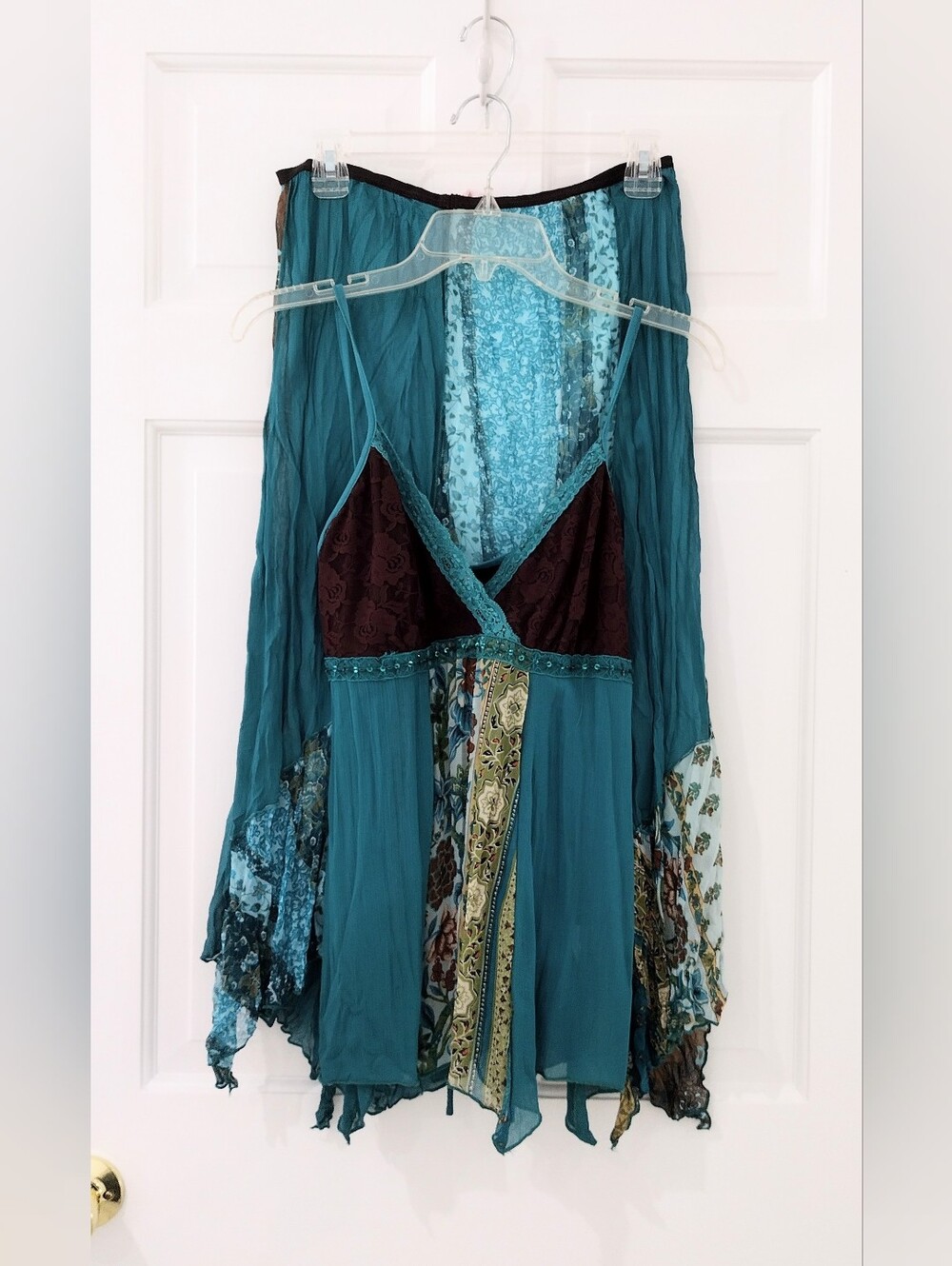 Y2K Heart Soul Sz S Boho Teal Patchwork Mid Calf Skirt - Teal